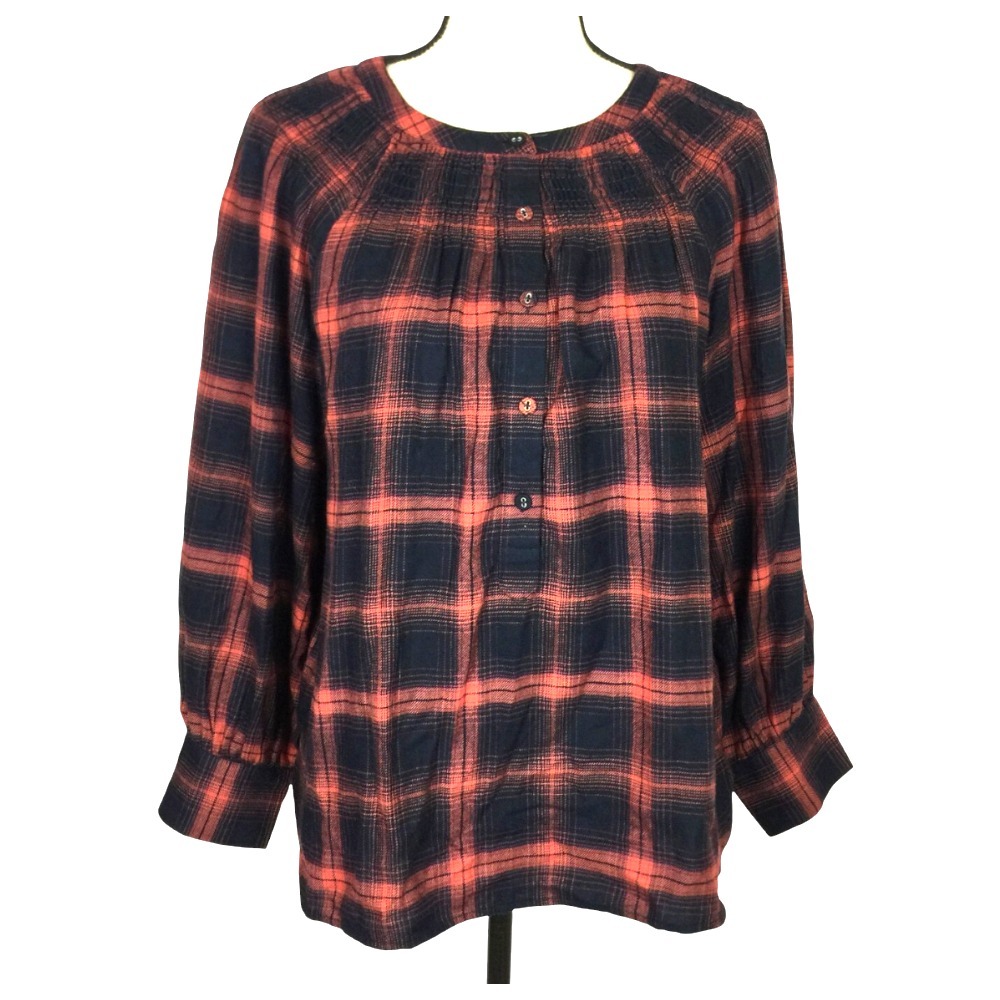 LOFT Ann Taylor CORAL & NAVY PLAID Flannel Popover Top SMOCKED Poet Peasant XS